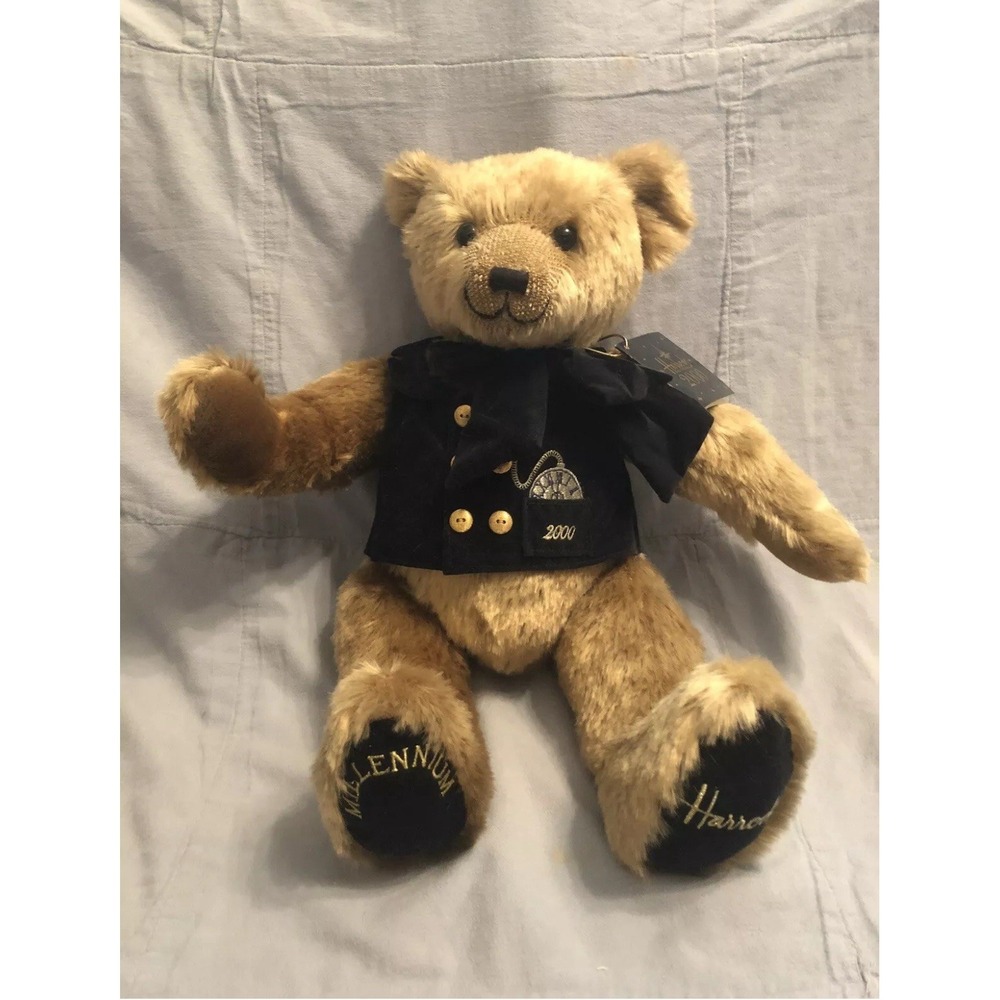 🧸Harrods Millenium Teddy Bear Brown Navy‎ Blue Jointed Plush 2000🧸